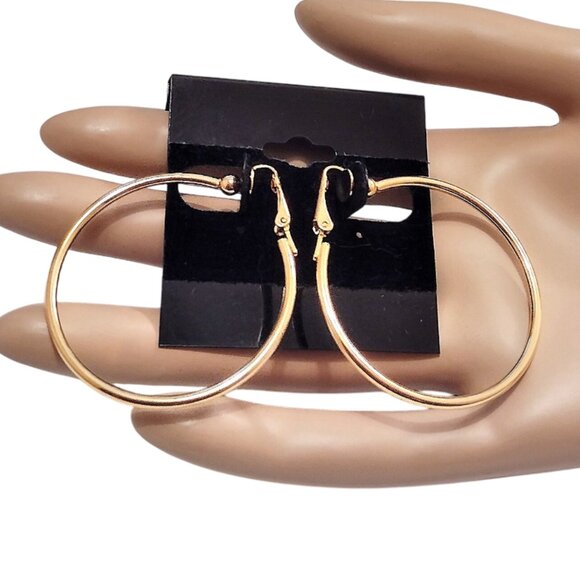 1 5/8" Plain Hoops Clip On Earrings 41mm Gold Plated 2mm Tube Round Smooth - Picture 1 of 5